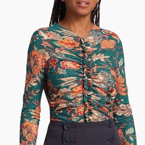 Ulla Johnson Wren Ruched Top Elegant Floral Womens XLarge Fitted Ruffle Trim
